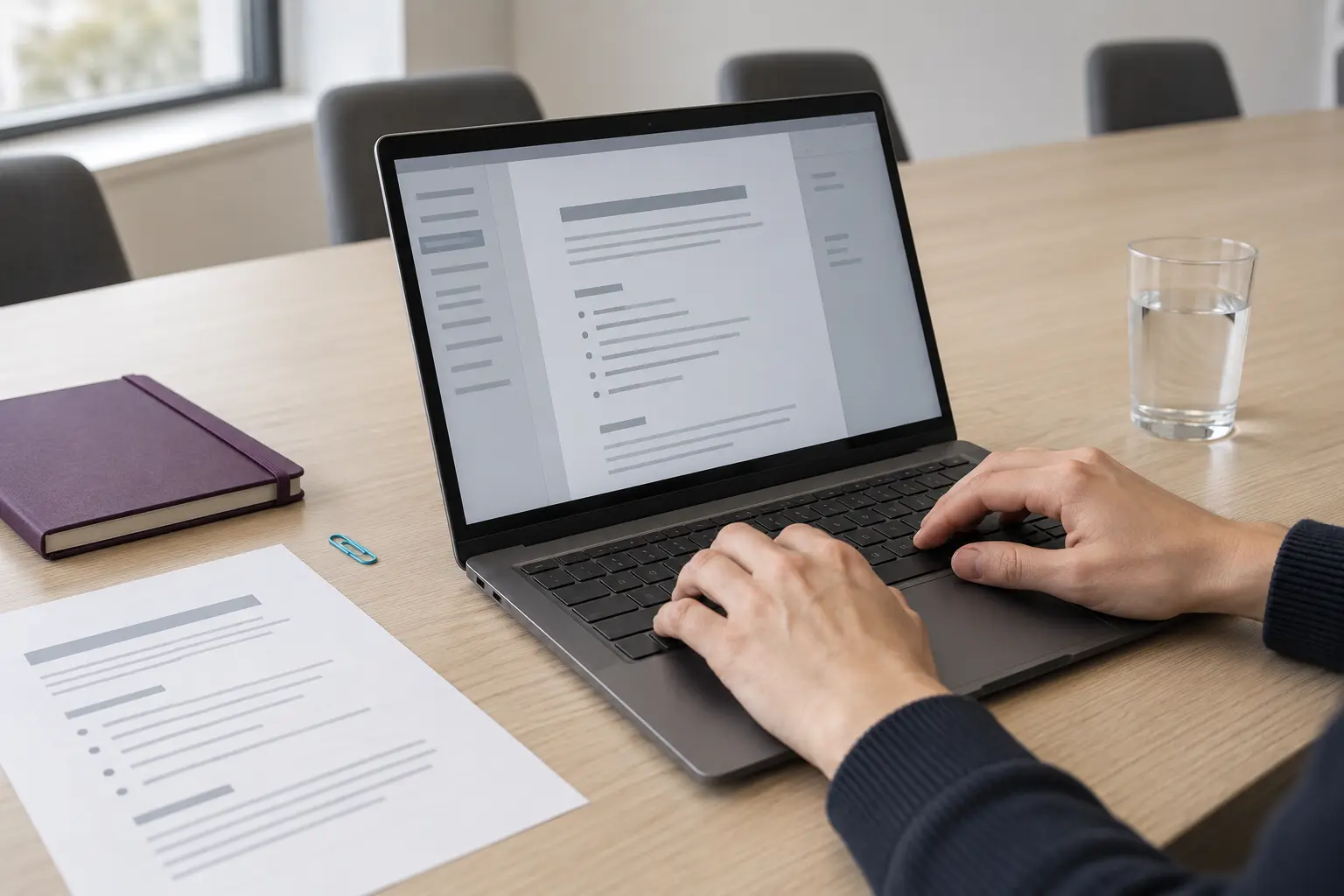 Illustratief detail van notuleren: handen aan een laptop en vergaderstukken